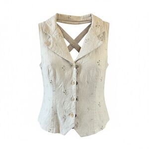 Sheri Martin Linen Blend Embroidered Vest Criss Cross Back Boho 12 Coastal